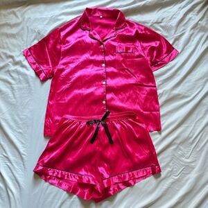 Pink‎ Satin Pajama Set Womens Sleepwear Button Down Short Sleeve Loungewear
